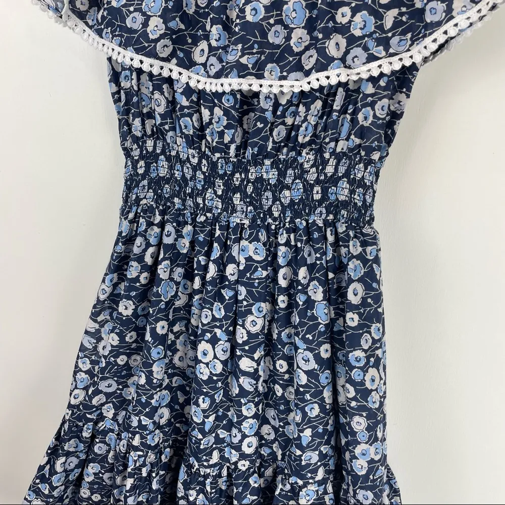 Eva Mendes Blue Floral Off Shoulder Smocked Waist Mini Dress Ruffle Hem Sz Small - Image 11