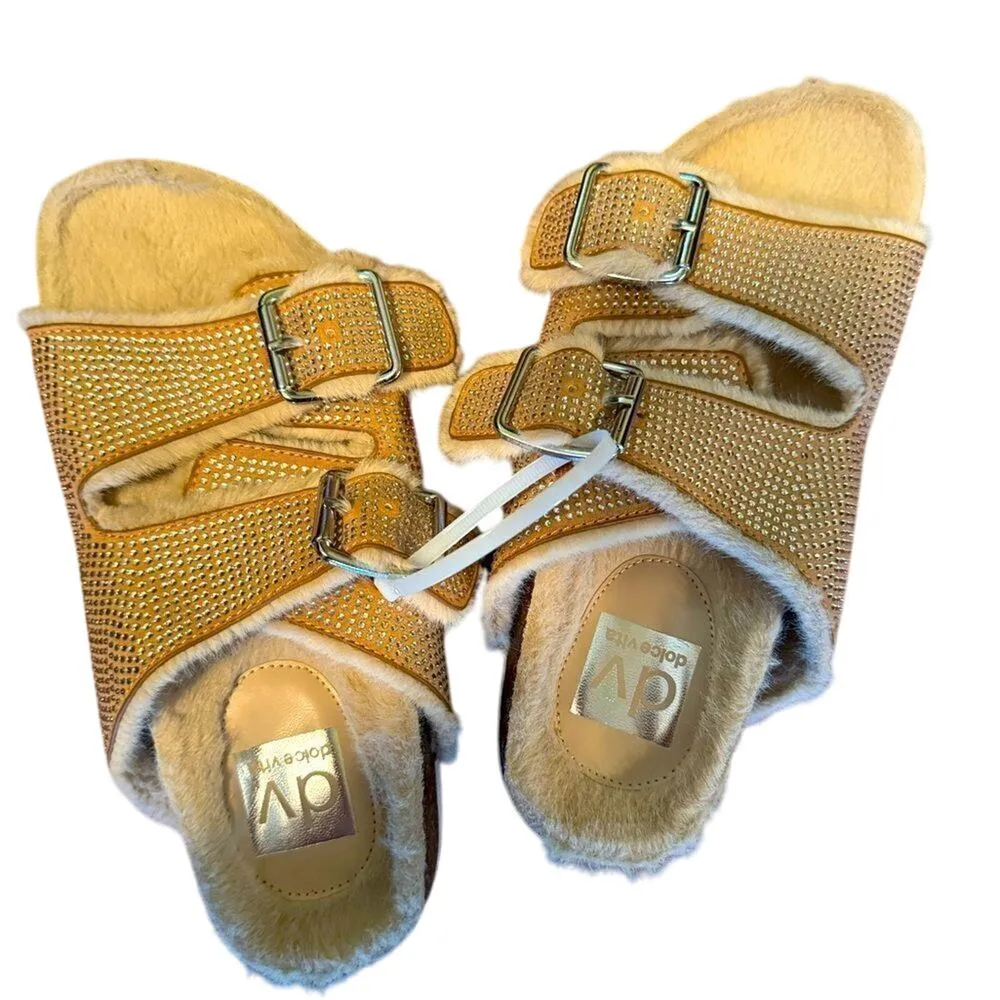 Dolce Vita Bonita Slide Sandal Rhinestone Double Strap Fur Lined Size 6.5 New Silver - Image 2