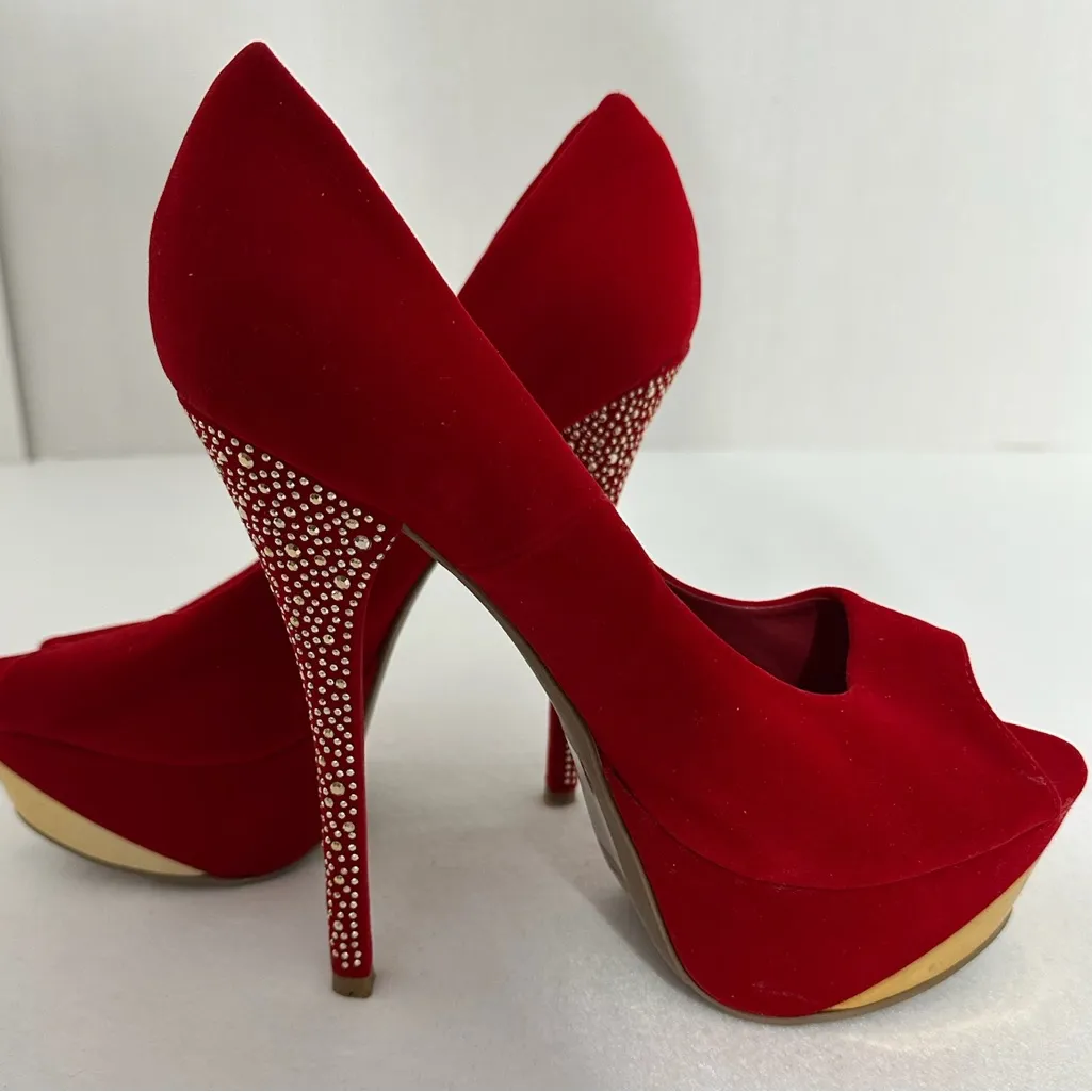 Shoedazzle Red Rhinestone Stiletto Platform Heels Size 9 Y2K Sparkle Glam Pumps - Image 12