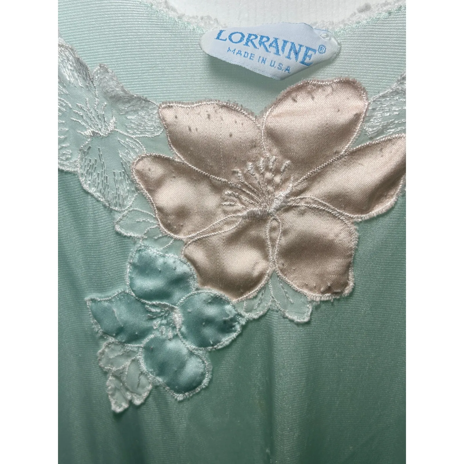 Lorraine‎ Vintage Nightgown Medium Blue Green Floral Applique Short Sleeve - Image 2