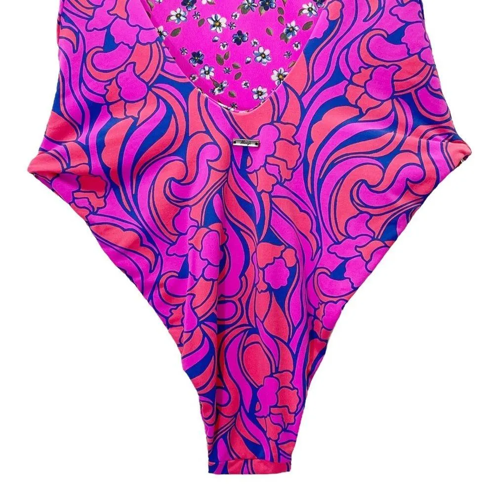 Maaji Reversible One Piece Swimsuit Size Small Floral Psychedelic Pink Halter - Image 6