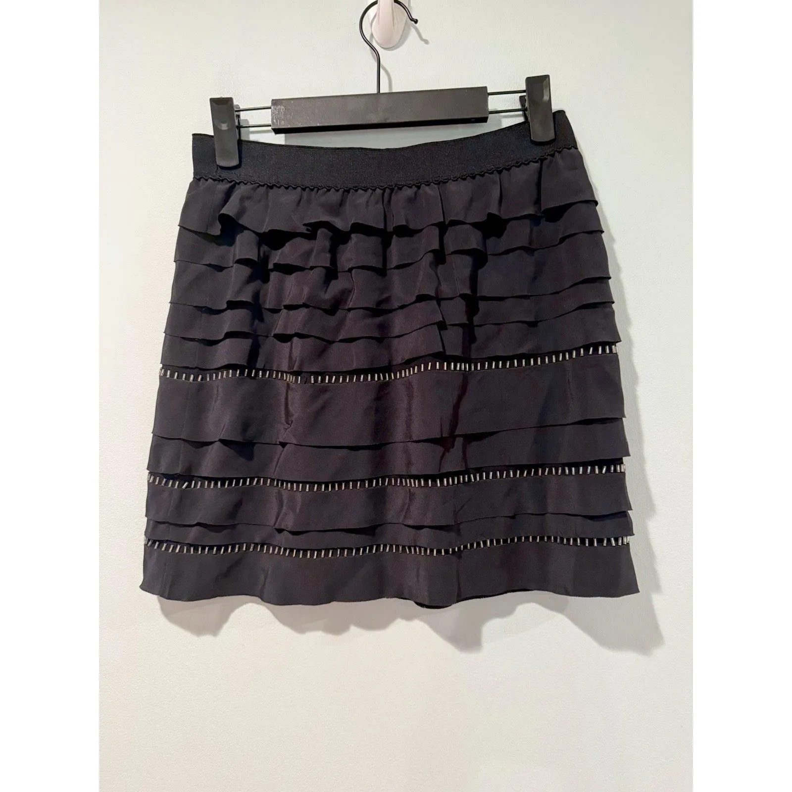 NEW BCBGMaxazria Mini Skirt Women Small Silk Chiffon Ruffle Beaded Whimsigoth Black - Image 2