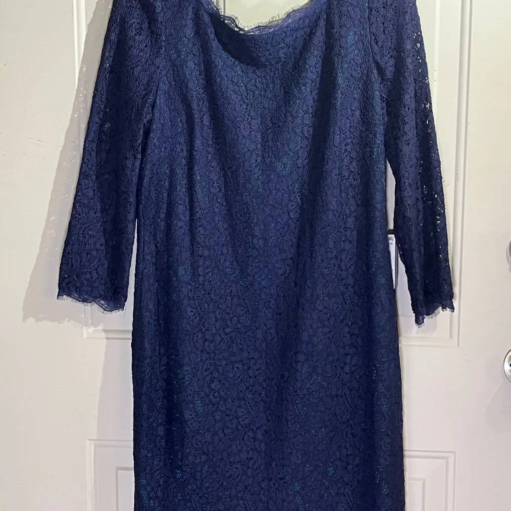 Adrianna Papell Navy Lace Sheath Dress 14 NWT Scallop Neck 3/4 Sleeve - Image 5