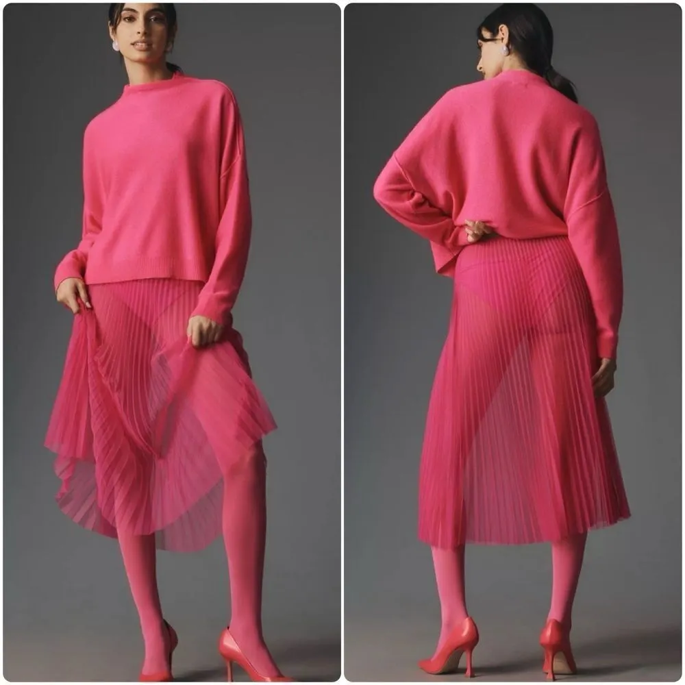 Anthropologie Sunburst Hot Pink Pleated Sheer Chiffon Monochrome Midi Skirt - Image 2