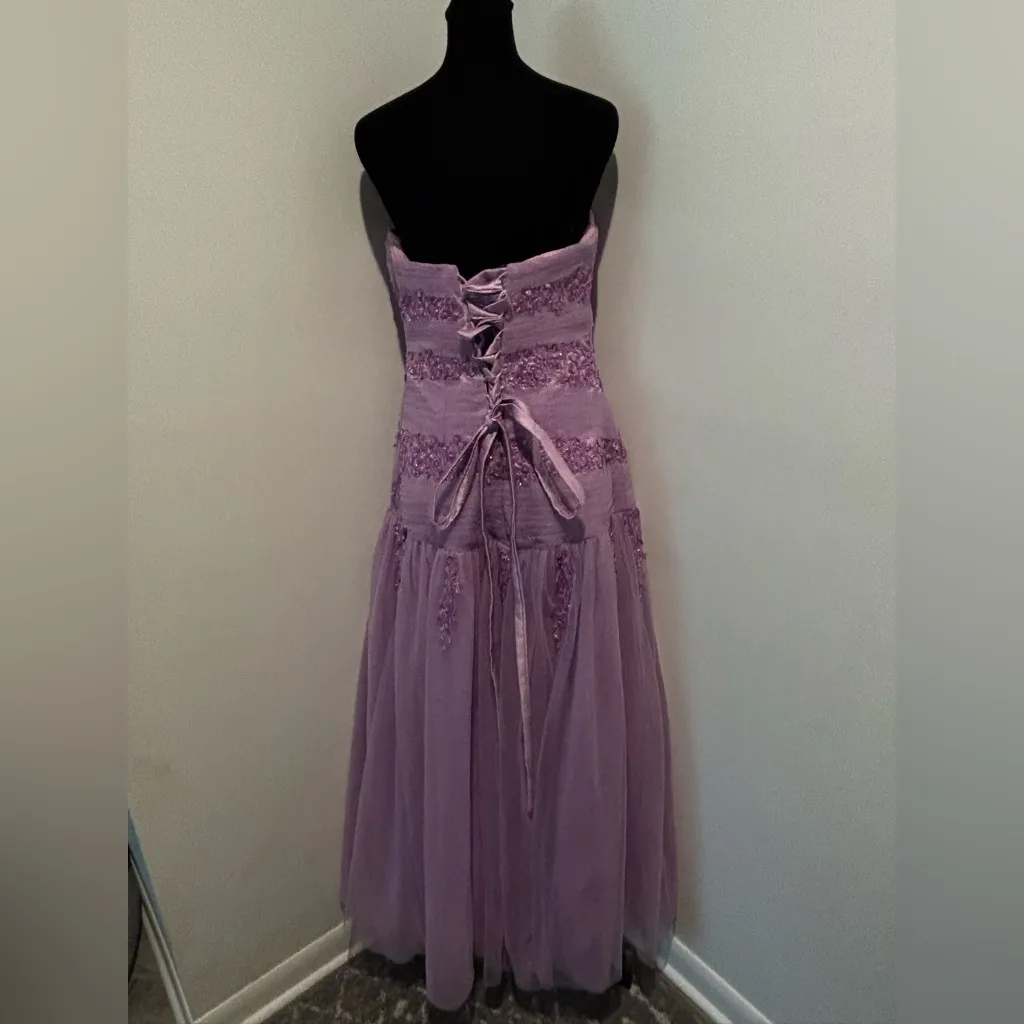 JESSICA Purple Lavender Ruched Beaded Strapless Long Prom Formal Dress 10 - Image 4