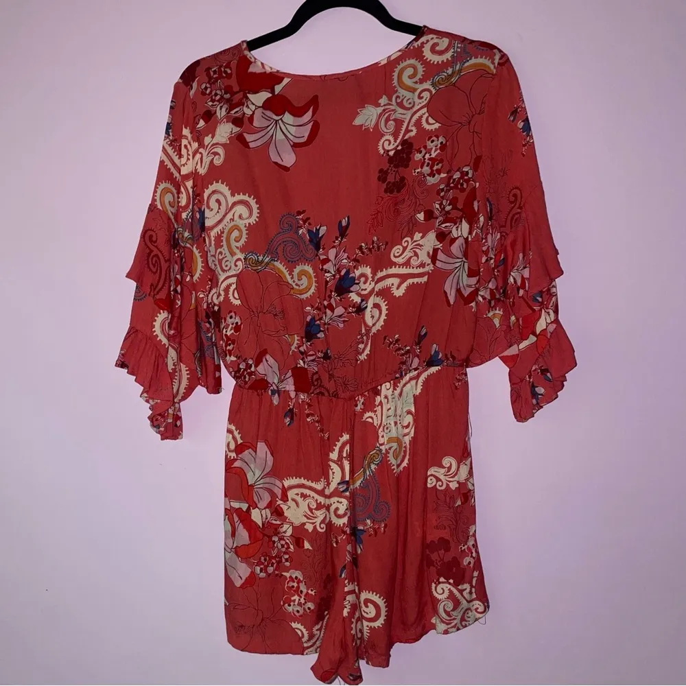 Angie Size M Red Romper Boho Wrap Front Ruffle Sleeve Shorts - Image 6