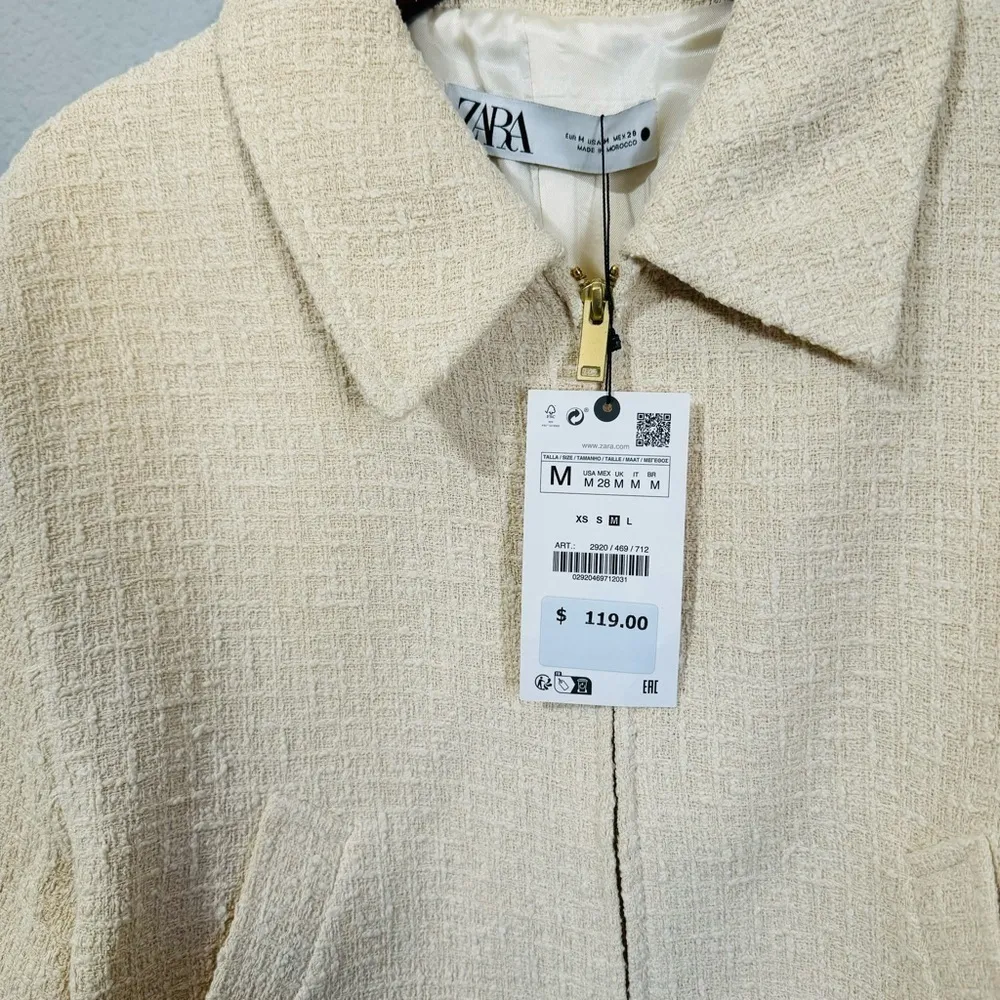 Zara Women Bloggers Favorite Ecru Textured Weave Bomber Collared Zip Jacket Sz M - Image 15