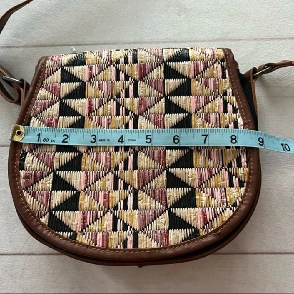 MOSSIMO Straw Black Canvas Faux Leather Small Crossbody Bag Black Pink C… - Image 6