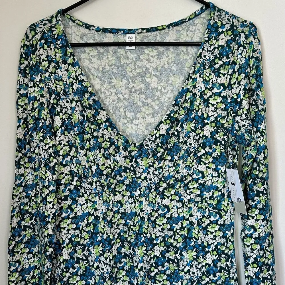 NWT bp Green Floral Knit Long Sleeve V-Neck Sustainable Dress - Size: M - Image 4