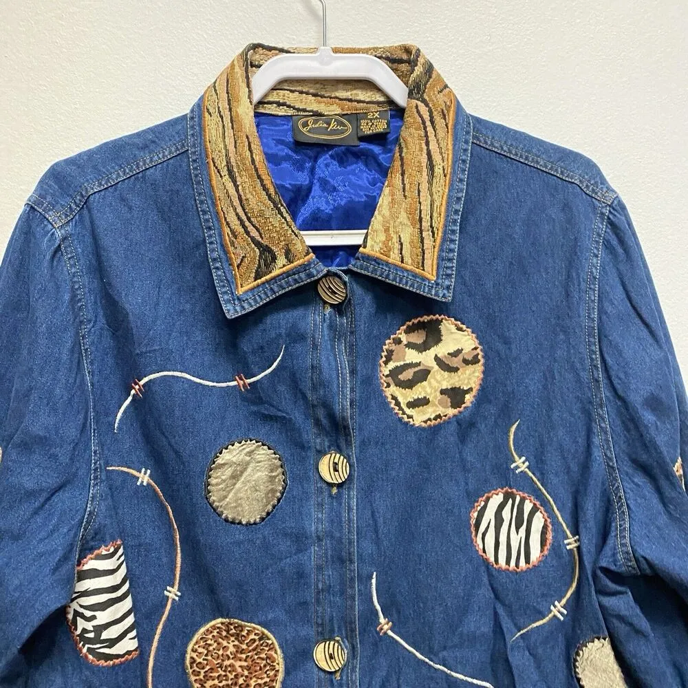 Julia Kim Plus 2x Denim Shirt Patched Jacket Animal Print Art To Wear Boho 90s - Image 4