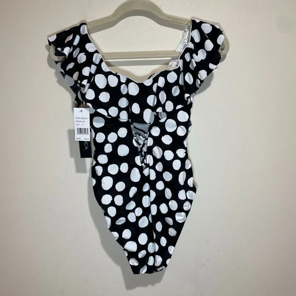 NEW La Blanca Size 6 Mod For Dot Polka Dot Ruffle One Piece Swimsuit Black White - Image 11