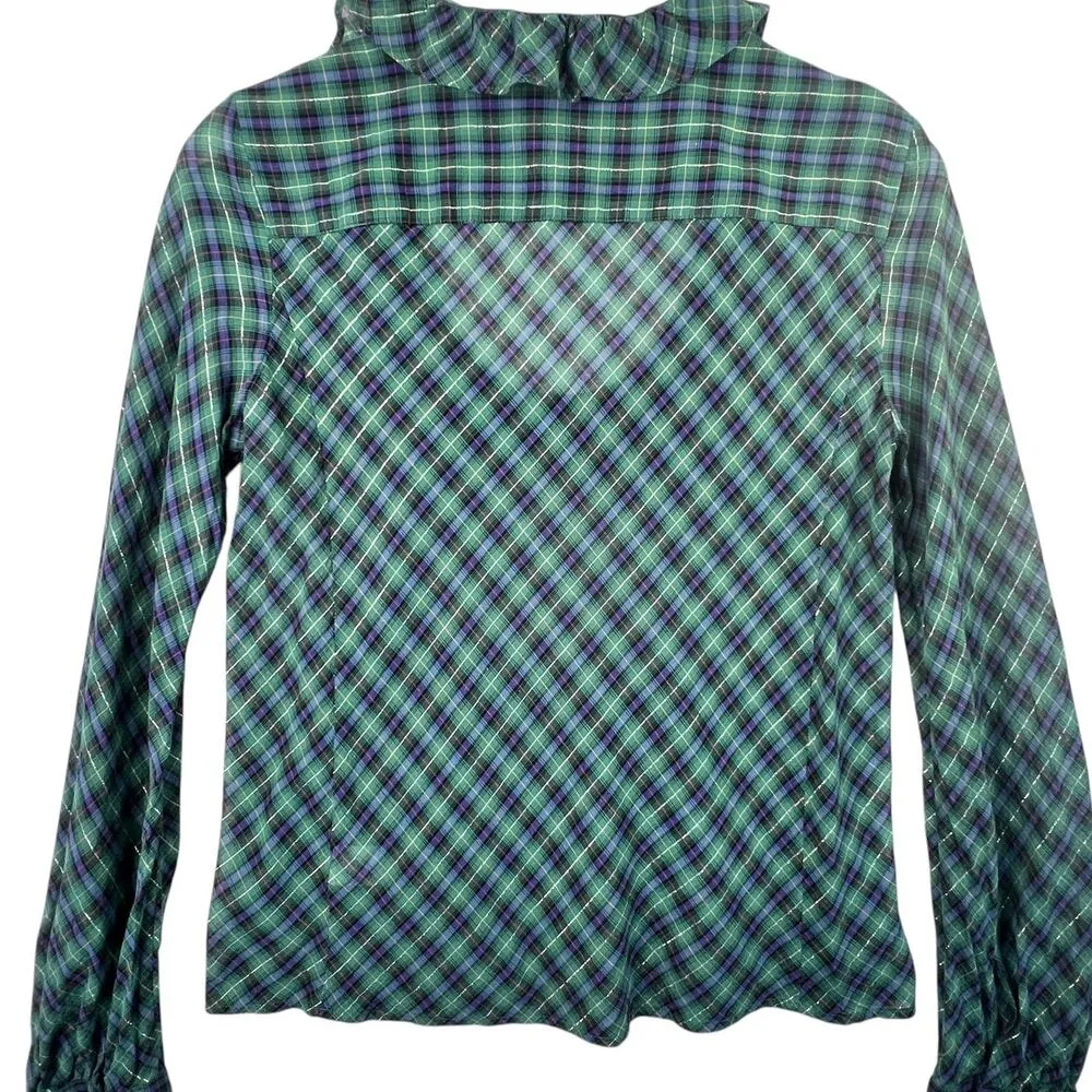 J.Crew Tartan Plaid Metallic Ruffle Neck Blouse Top Green Womens 4 Long Sleeve - Image 3