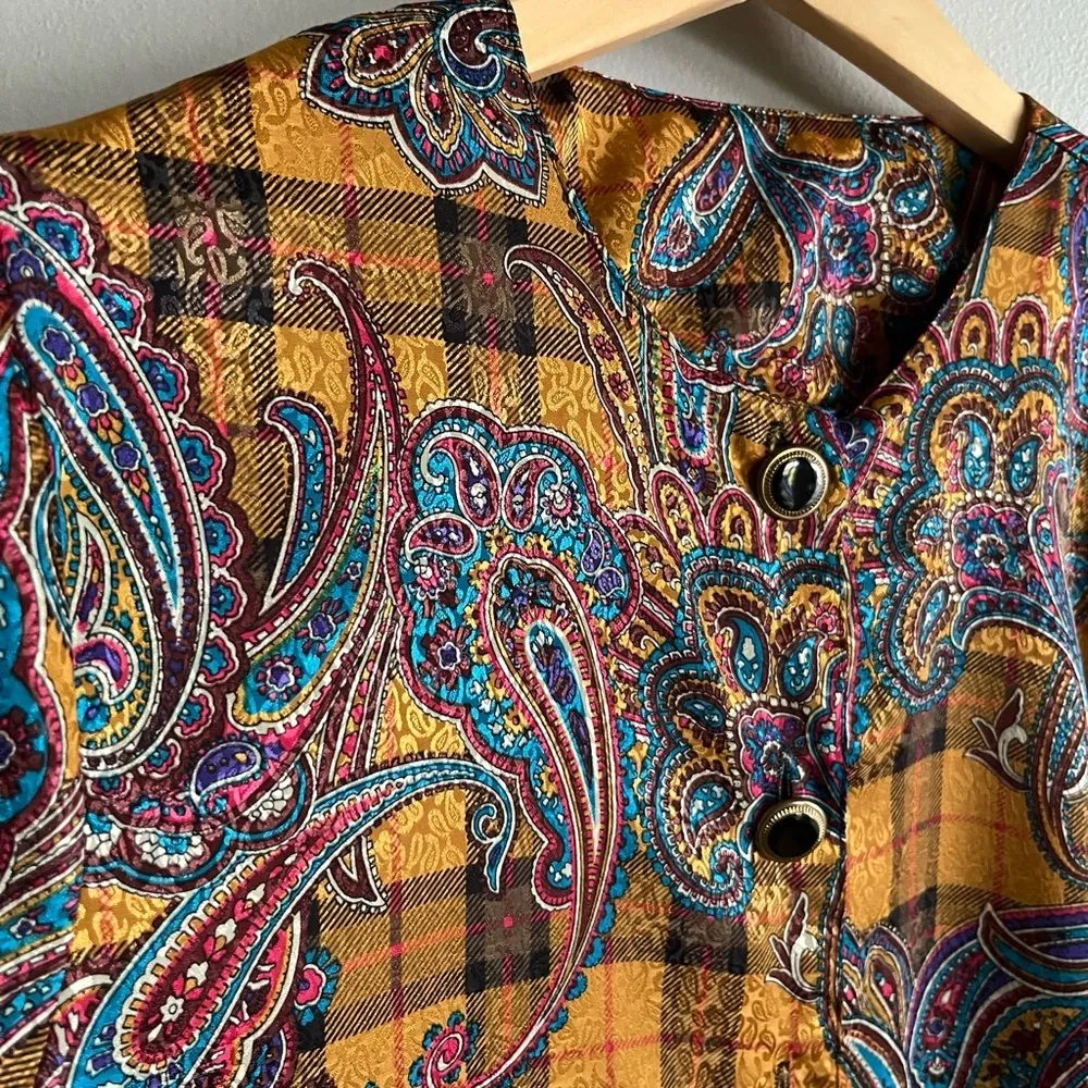 Vintage Courtney Blake Blouse Paisley Plaid Mix Button Front Retro Top M ILGWU Gold Size M - Image 4