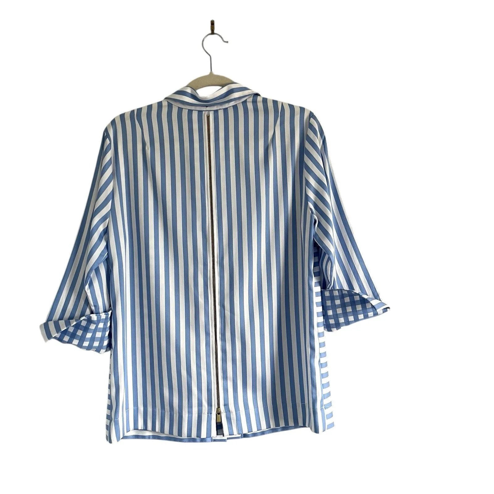 Hinson Wu Xena 3/4 Sleeve Stripe Gingham Shirt Sz Small Preppy chic Designer Top Blue - Image 4