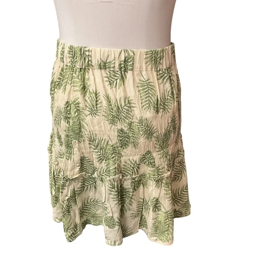 Palm Leaf Print Tiered Ruffle Mini Skirt Smocked Waist Boho Vacation Style Sz M - Image 5