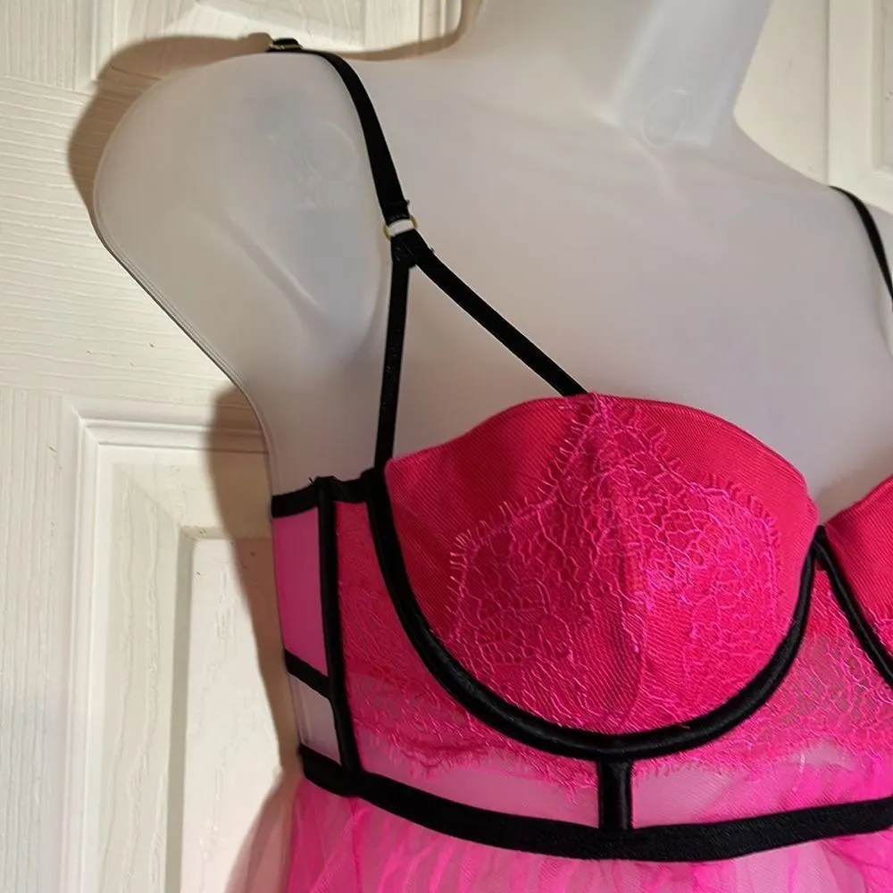 Victoria's Secret Bright Pink Sheer Lace Cami Teddy Built-in Underwire Bra 34B - Image 7