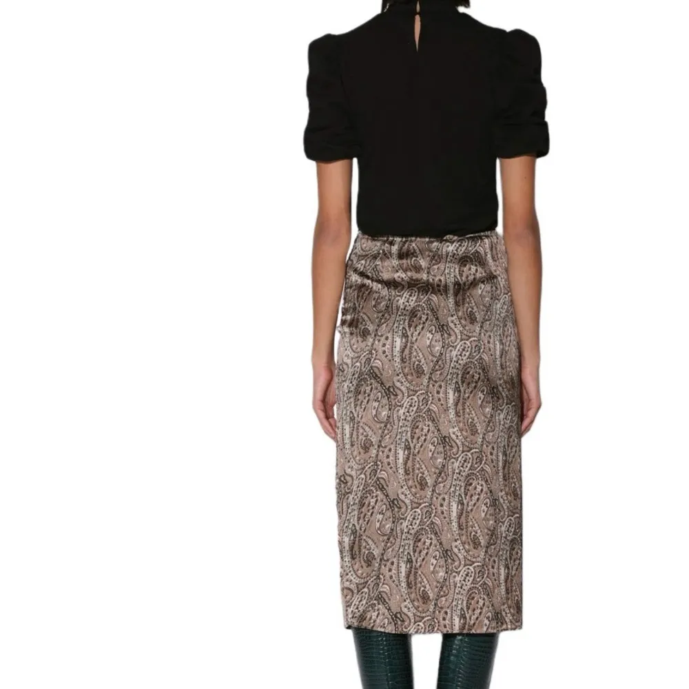 NWT Walter Baker Satin Brown, Black & Cream Paisley Satin Pencil Midi Skirt Sz 2 - Image 4