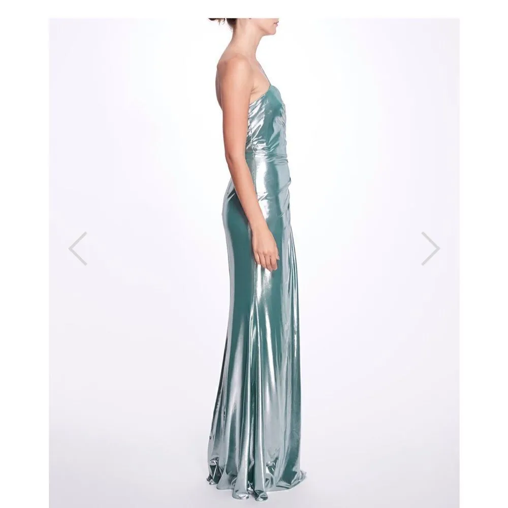 Marchesa Notte Jade Ruched Sleeveless Lame Gown Green Size 10 - Image 7