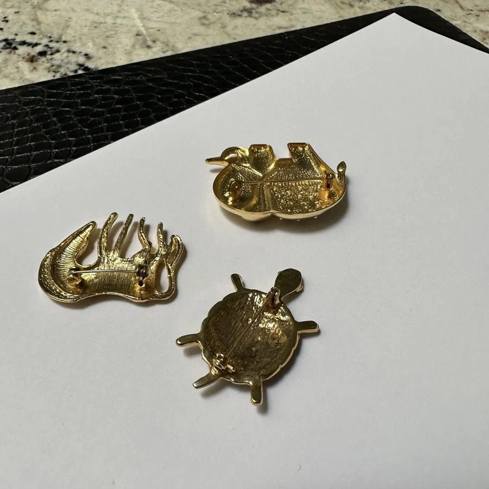 Lot Of 3 Gold Tone Animal Brooch Pins Turtle (tortoise) Zebra & Elephant - Image 5