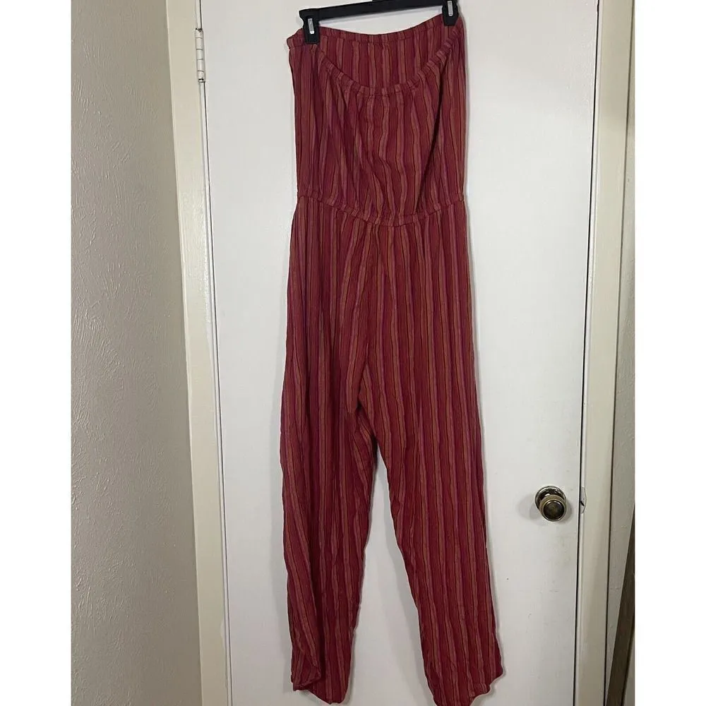 Anthropologie DREW Red stripe strapless emerson split leg Jumpsuit Linen Large - Image 8