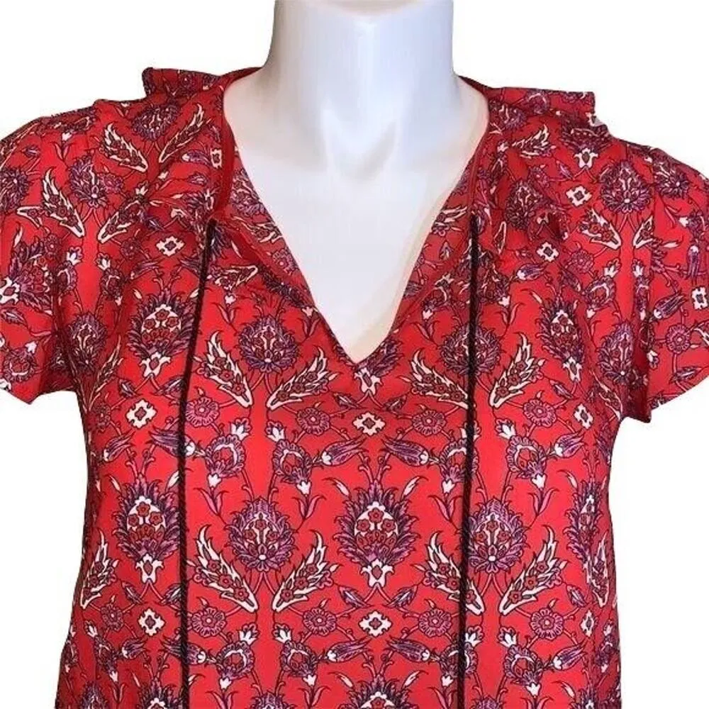 W5 Womens Blouse Top Ruffled V Neck Collar Relaxed Fit Short Sleeve Red Large - Image 2