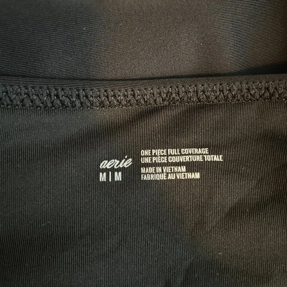 Aerie Women M Black Layered One Piece Swimsuit Bandeau Deep V-Neck Full Coverage - Image 9