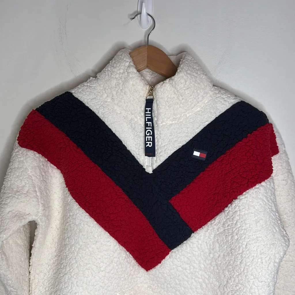 Tommy Hilfiger Women’s Chevron Fleece Sherpa Quarter zip Sweatshirt Jacket sz S - Image 4