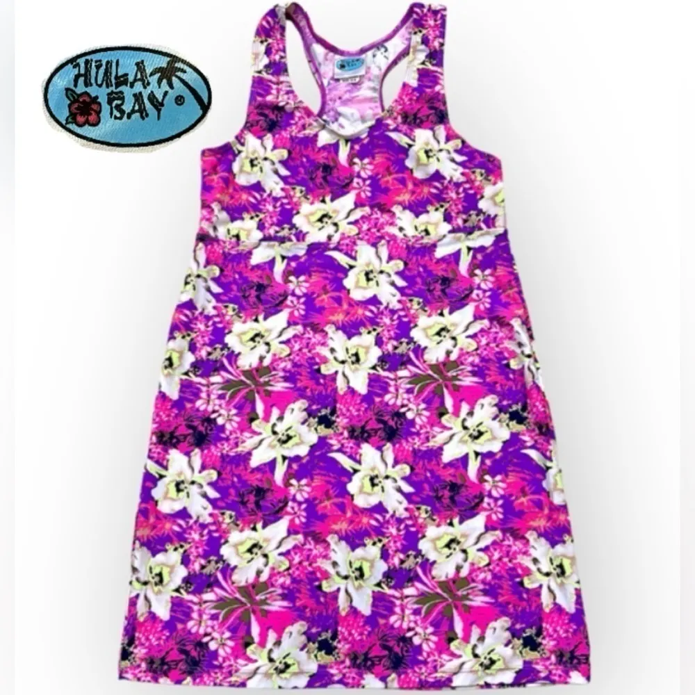 Hula Bay hawaiian floral orchid print beach dress, neon colors, M, stretchy Size M - Image 2