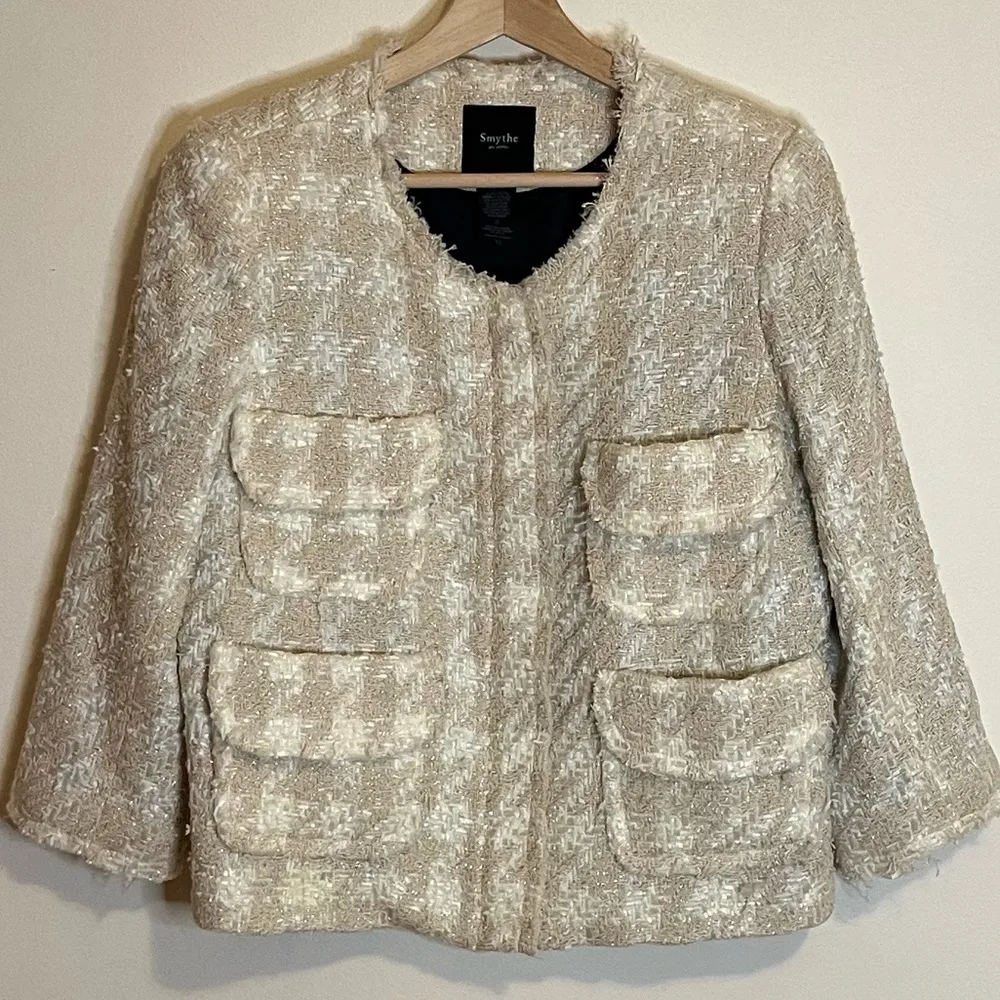 Smythe Cream Tweed Houndstooth Blazer Tan Size 10 - Image 2