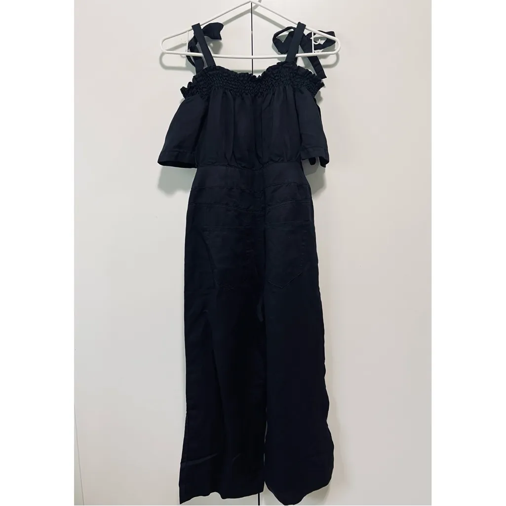 7 For All Mankind SMOCKED OFF-SHOULDER Linen JUMPSUIT IN JET BLACK - XS - NWT - Image 4
