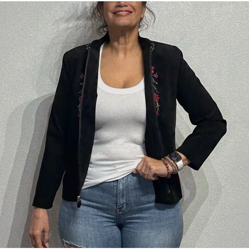 Notations Black Velour Floral Embroidered Jacket Sz PM - Image 9