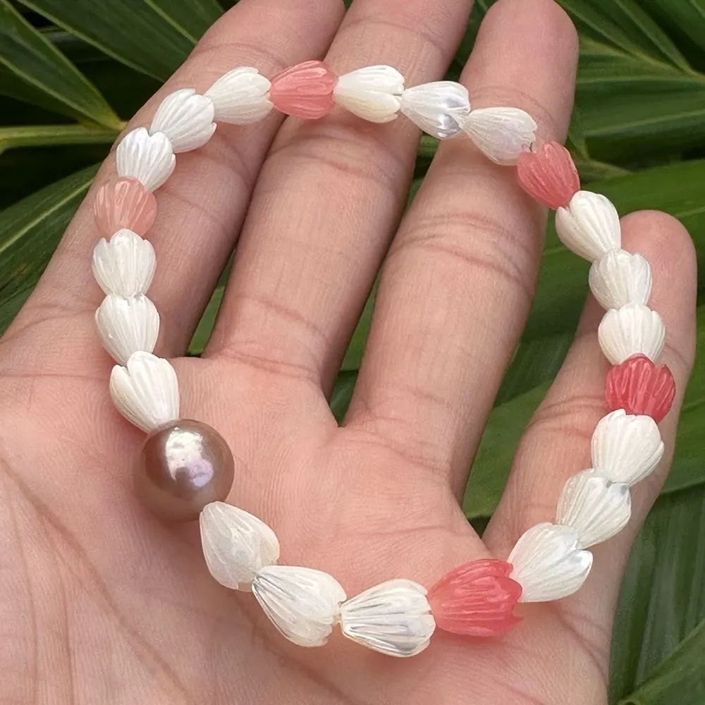 Edison Pearl Mother of Pearl Ivory & Pink Pikake Bracelet Purple - Image 3