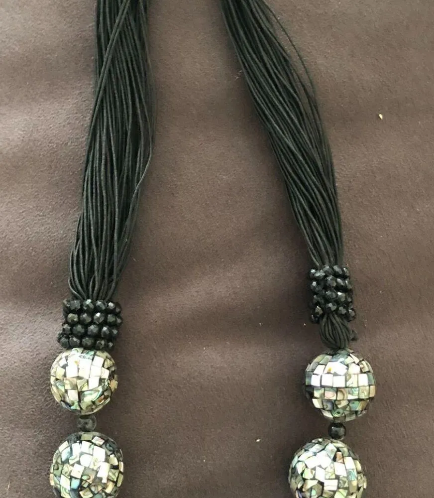 Chunky Sajen 925 Bead Runway necklace Mosaic Abalone Inlaid MOP Vintage 22" - Image 8