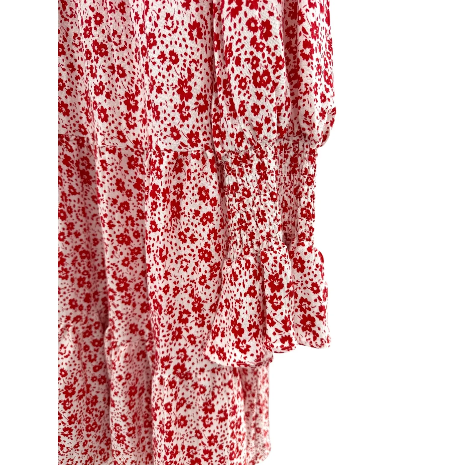 Pomander Place Kenzo‎ Dress XXL Red Ditsy Floral Tiered Long Sleeve Boho V Neck - Image 3