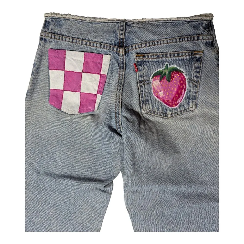 Hand Painted Vintage Levi's 501-Z Straight Leg Strawberry Checkerboard Jeans 28 - Image 4