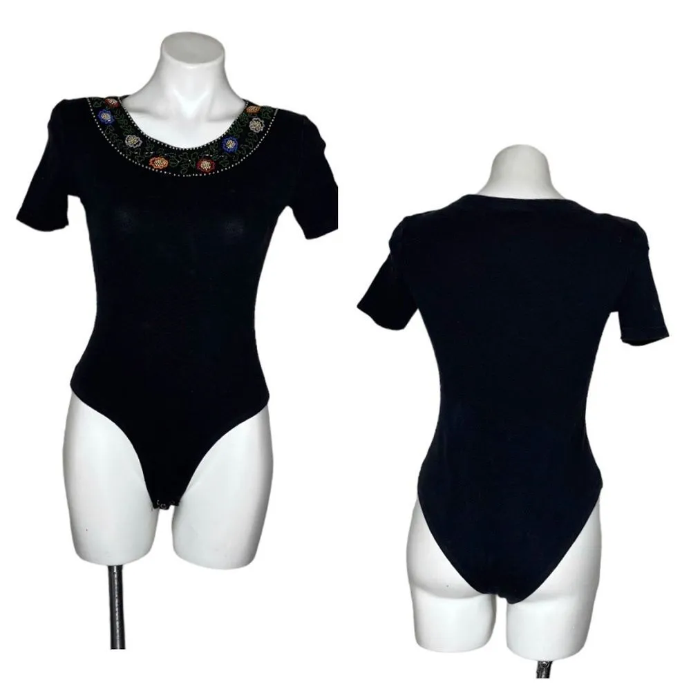 OLEG CASSINI Black Bodysuit Bead Embellished Neckline Size Small VINTAGE - Image 10