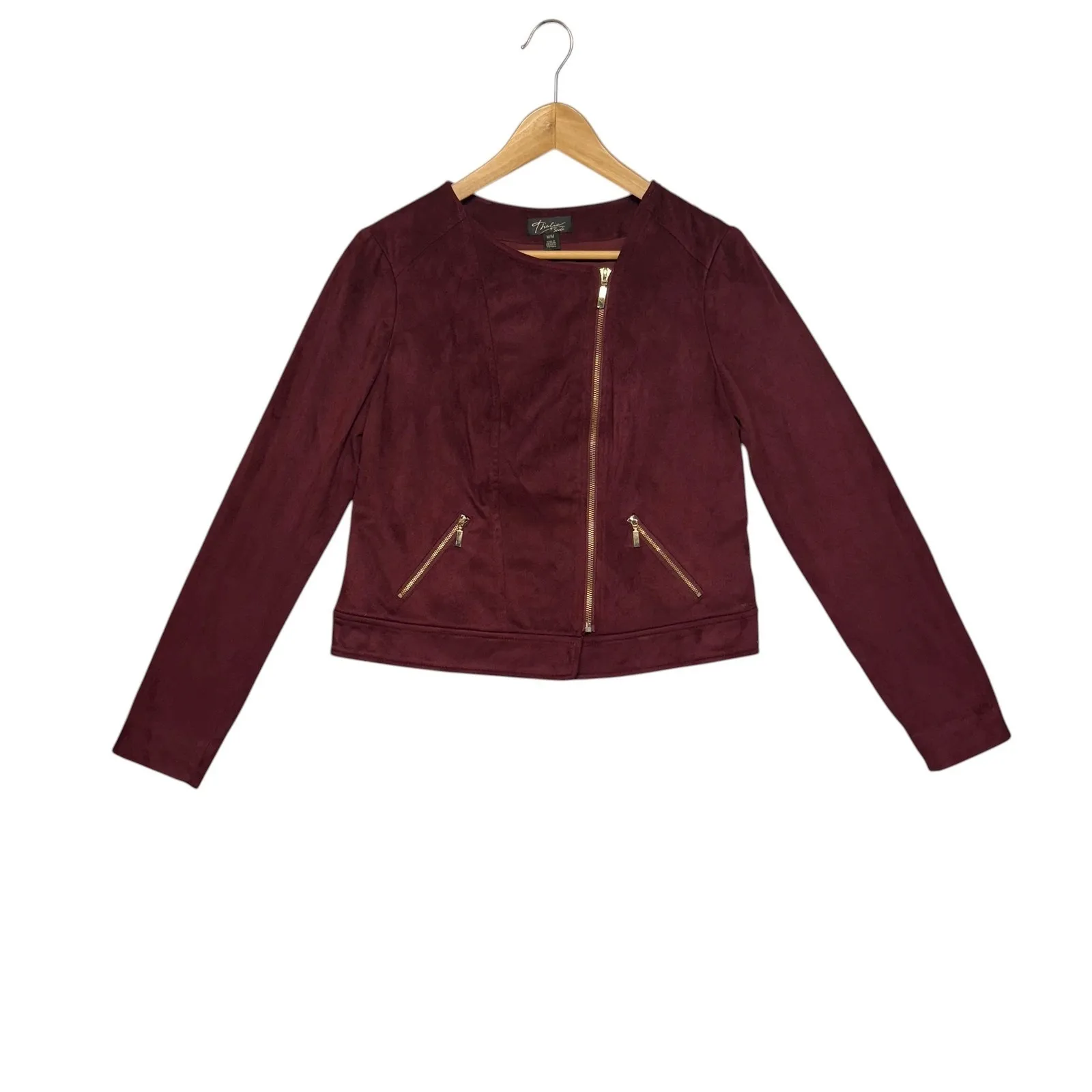 Thalia Sodi Faux Suede Moto Jacket Burgundy Womens M Asymmetrical Zip‎ - Image 4