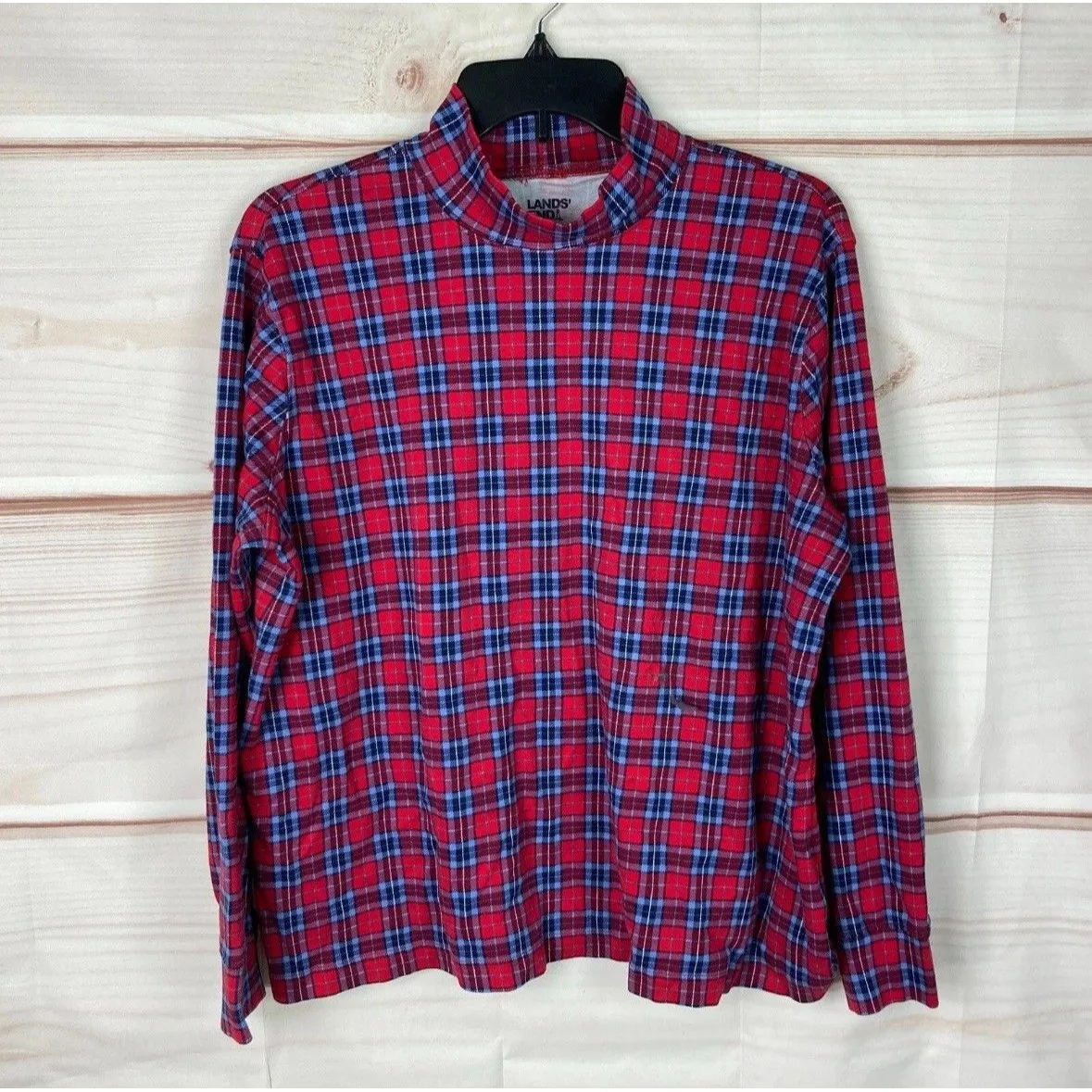 Lands End Top Womens XL Blue Red Tartan Plaid Mock Neck T-Shirt Cotton Pullover - Image 6