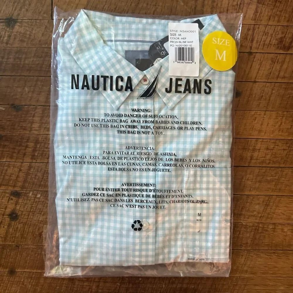 Nautica blue checked M roll tab button down shirt - Image 3