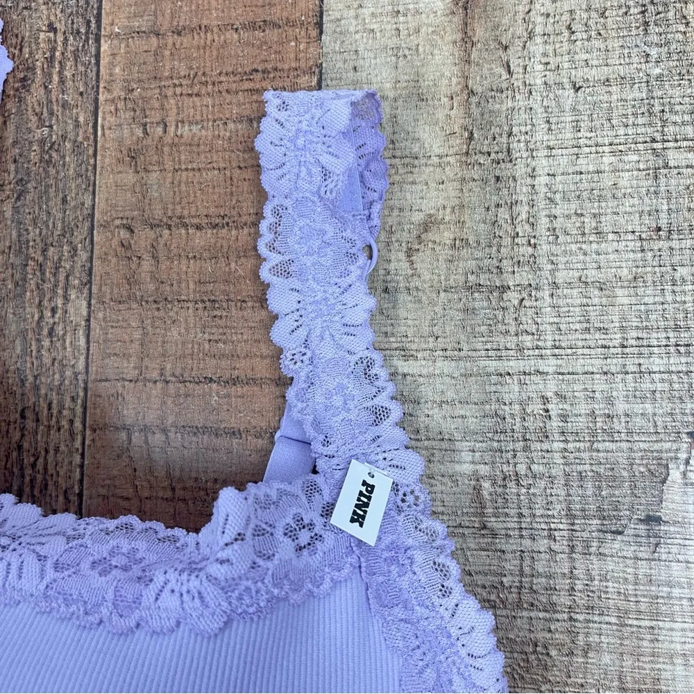 NEW PINK Victoria's Secret Large Lavender Lace Trim Ribbed Bralette - Image 4