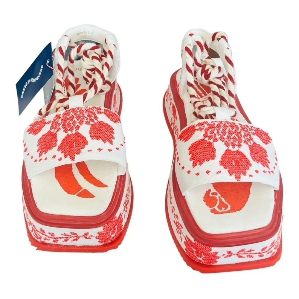 FARM RIO Red Embroidery Cross Stitch Flatform Ankle Lace Up Sandals NEW $285 - Image 7
