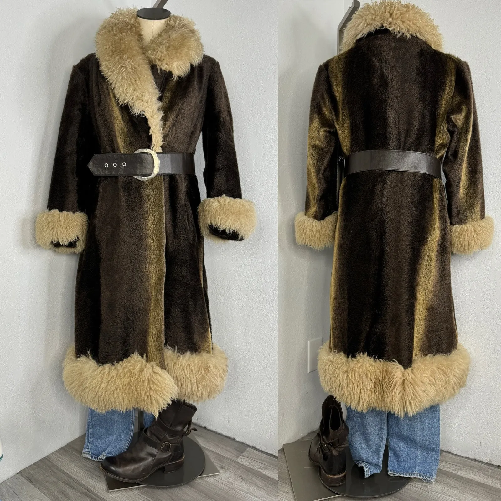 Vintage 1970s Penny Lane Long Brown Coat Faux Fur Size XS - Image 2