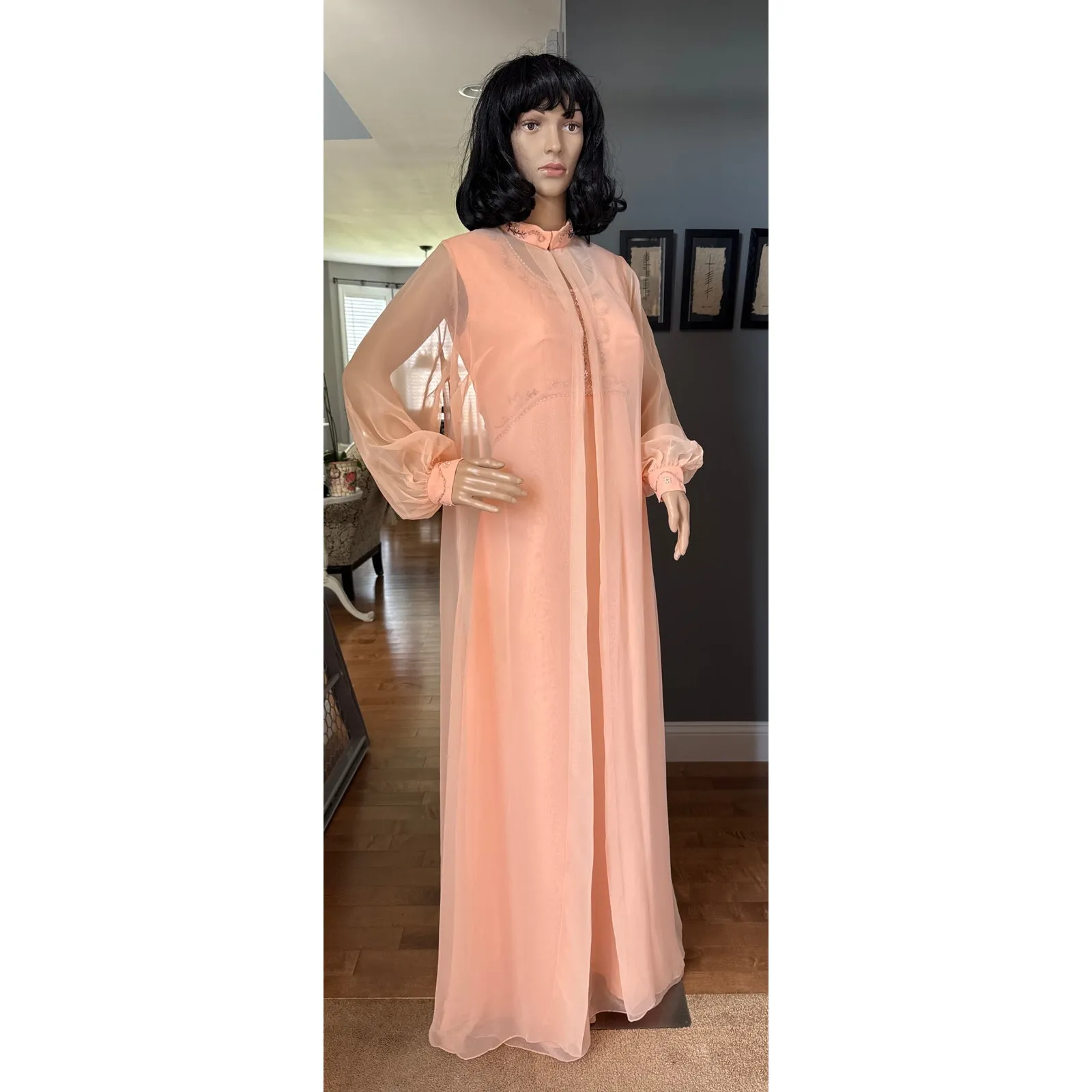 Vintage 1960s Elgin Peach Chiffon Dress & Sheer Overlay Set medium - Image 12