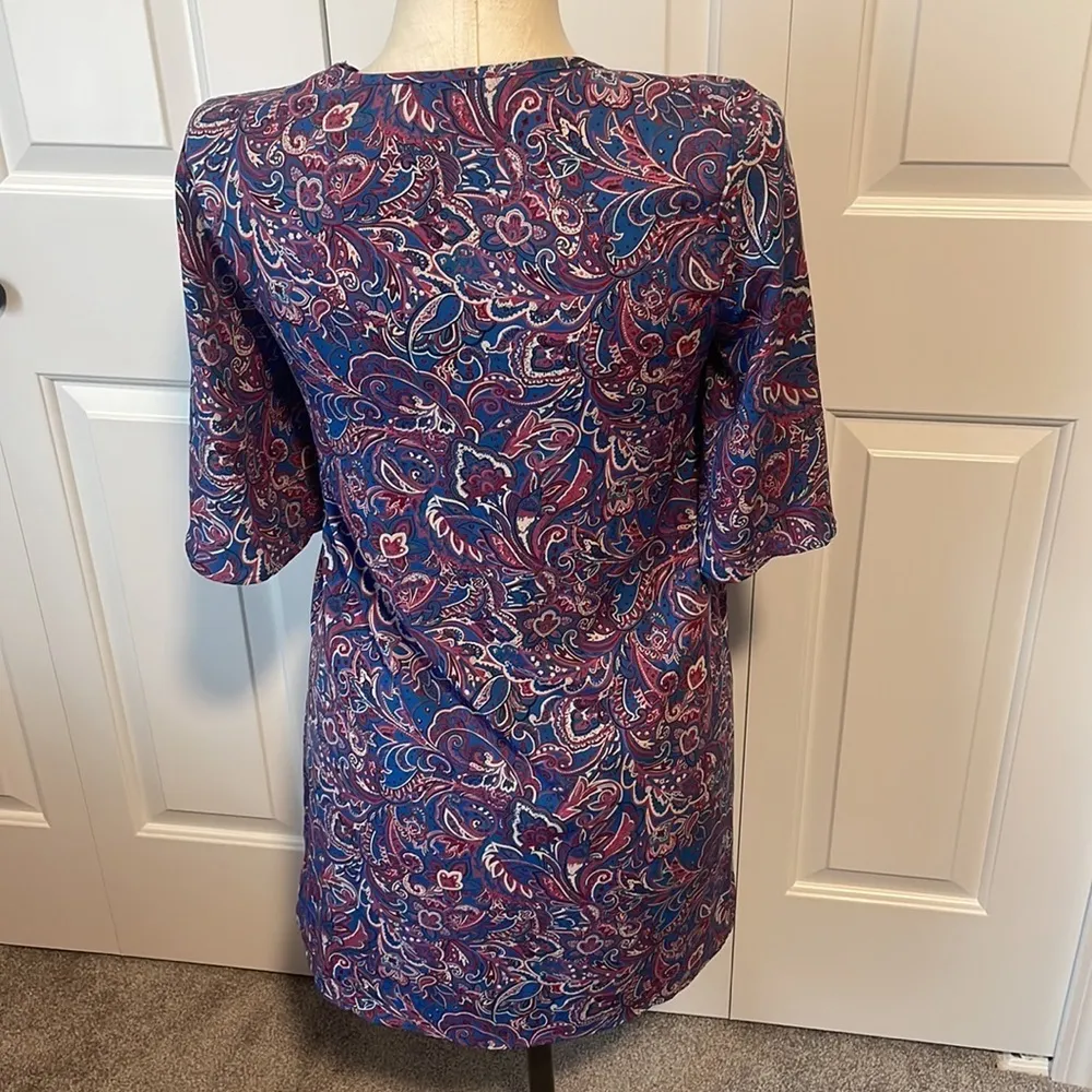 Ayla Blue Pink Paisley Dress Studs V Neckline 3/4” Sleeves Shirt Dress Size M - Image 6