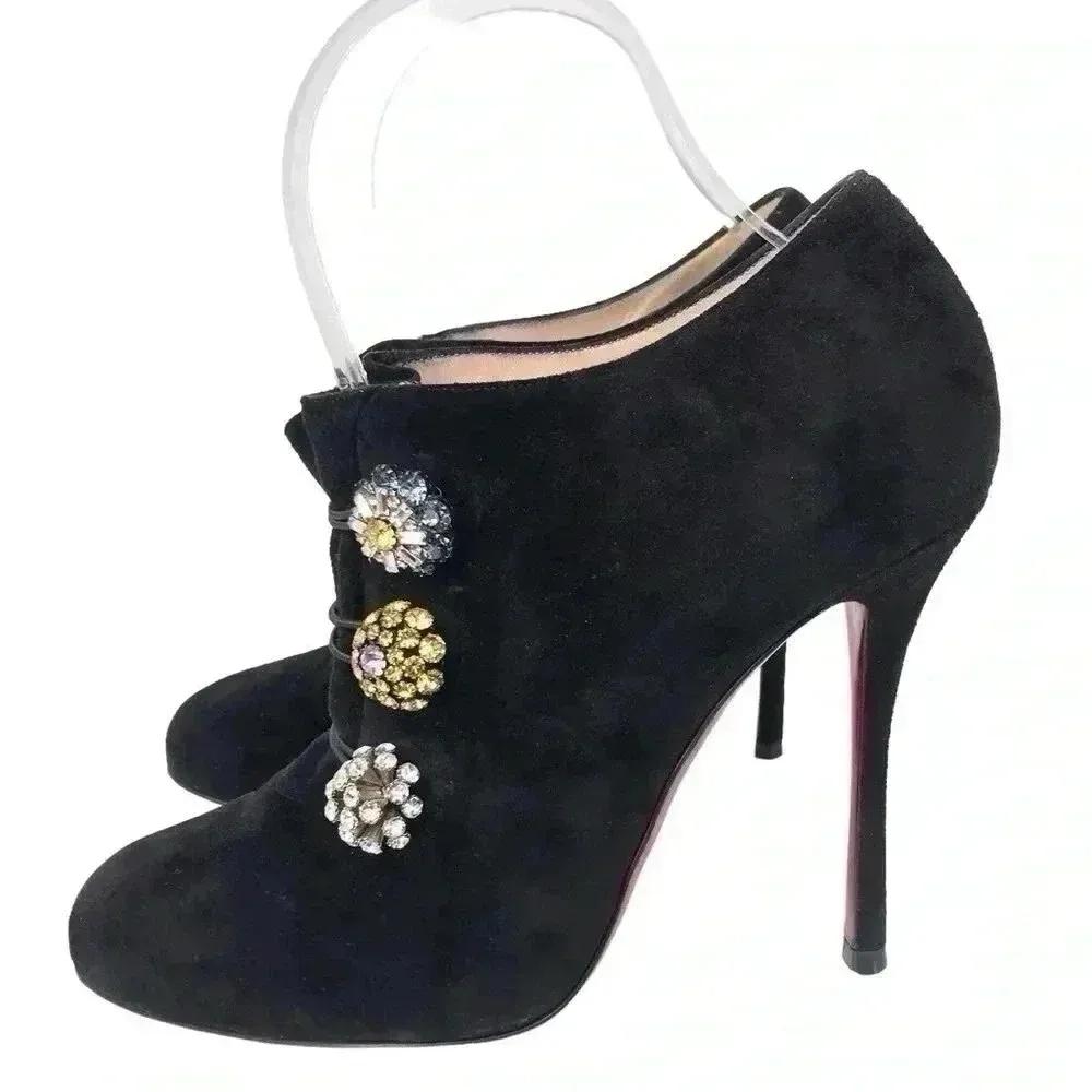 Christian Louboutin Bootini MJ 100mm Black Suede Crystal Button Booties 37 Rare - Image 8