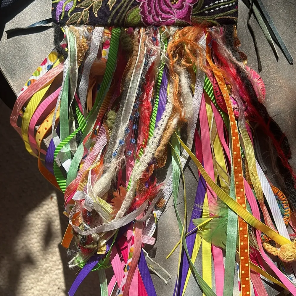 Mexico Hand Embroidered Floral Ribbon Fringe Bag Pink - Image 4