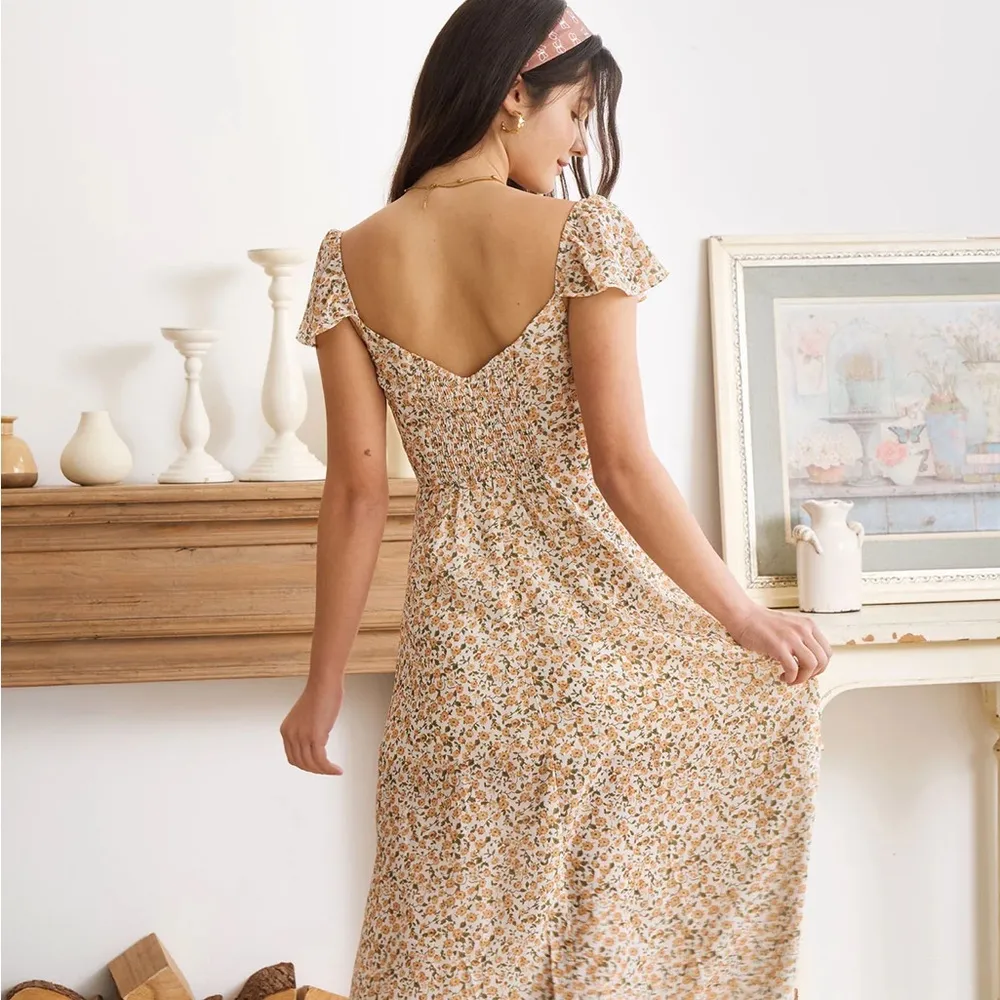 RIHOAS The Yellow V Neck Floral Slit Midi Dress Size L - Image 8