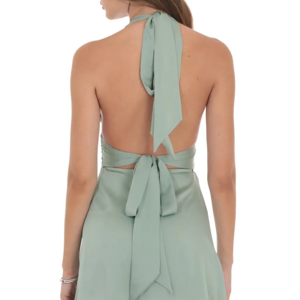 Lucy In The Sky Satin Halter A-Line Dress in Sage - Image 2