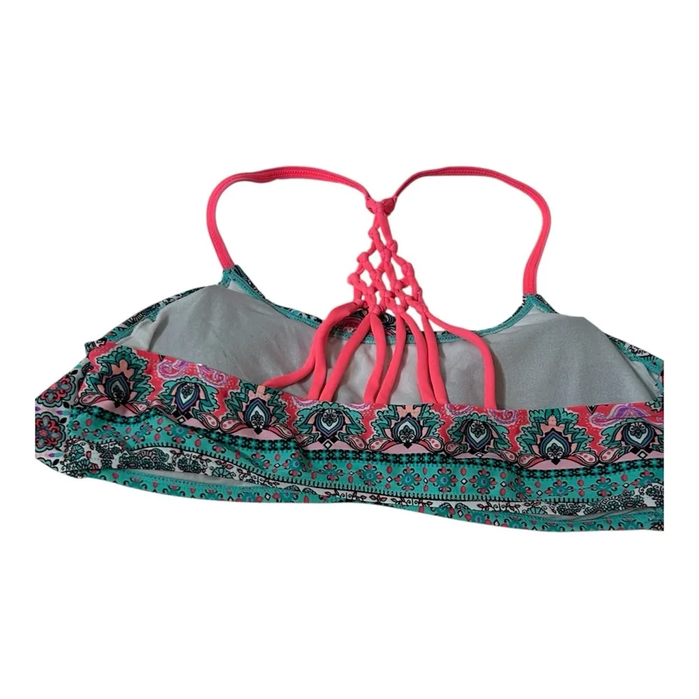 Boho Paisley Print Swim Bikini Top Braided Strappy Back‎ Pink Details Cute Size L - Image 3
