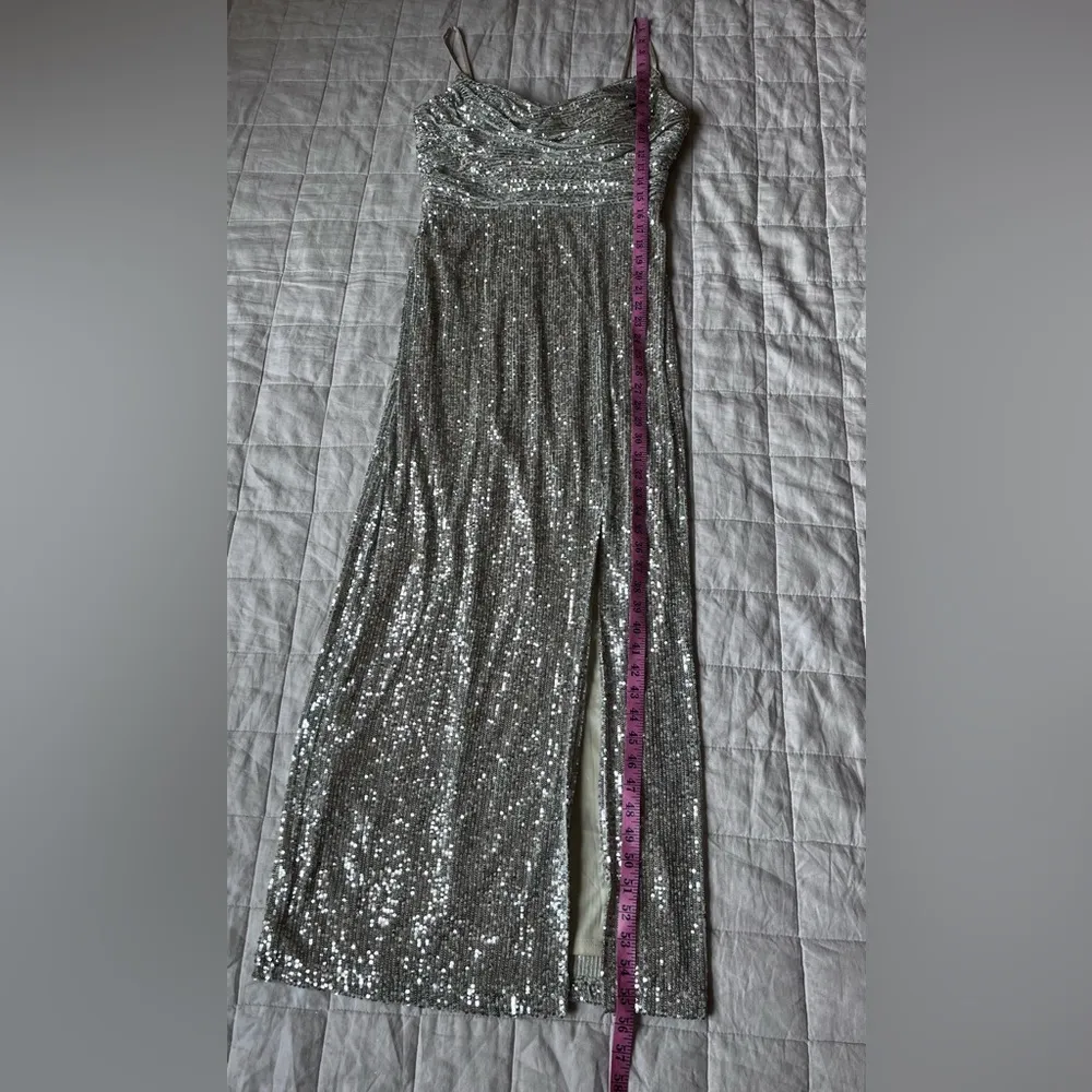 Eliza J Champagne Cowl Neck Sequin Gown Spaghetti Straps Leg Slit Formal - 8 - Image 7